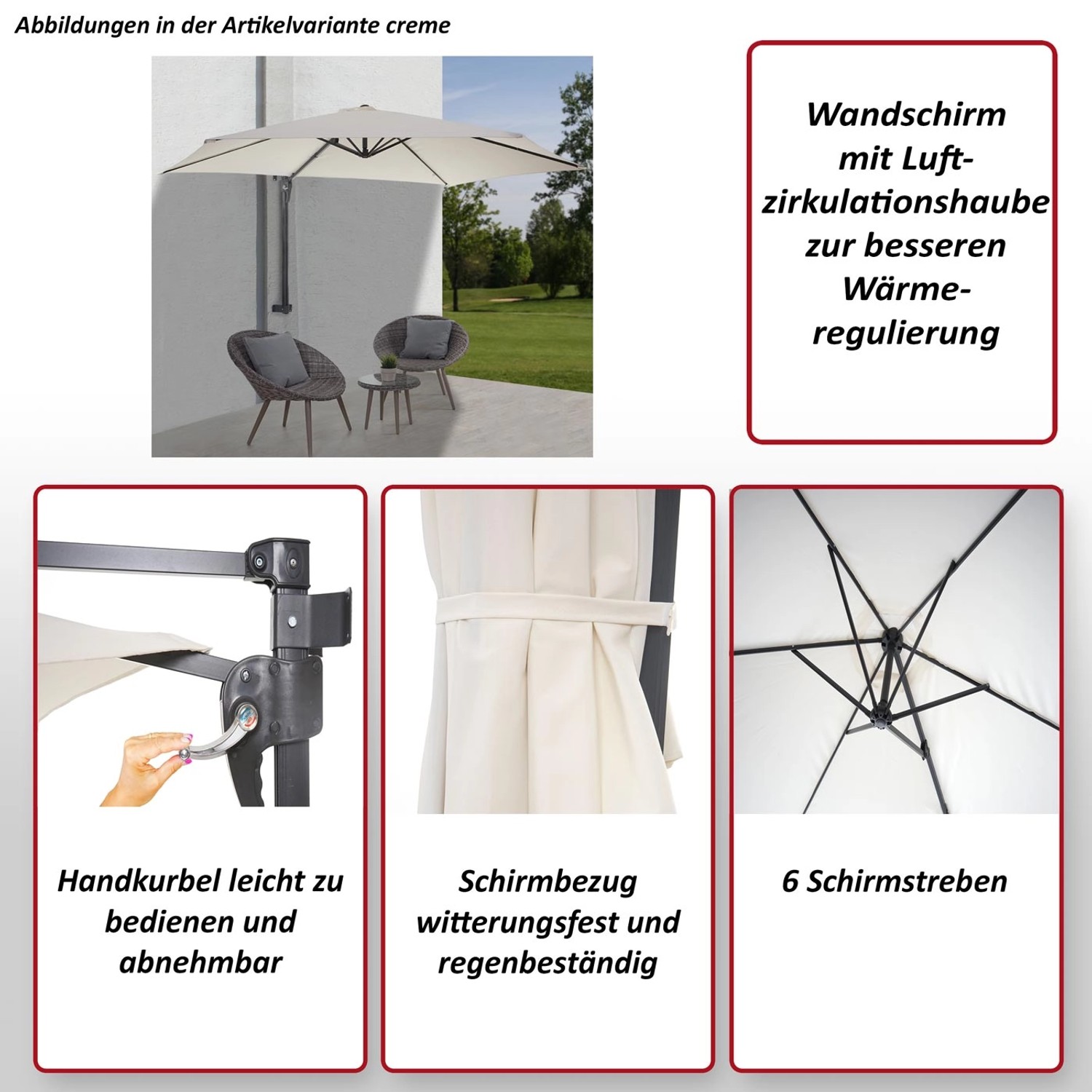 MCW Wandschirm Acerra 3m in Creme: Neigbarer Balkonschirm zur Wandmontage mit Handkurbel.