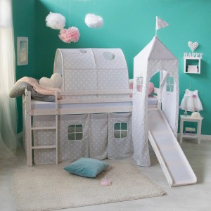 Homestyle4u Hochbett 90x200 mit Vorhang Lattenrost Rutsche Tunnel Turm in Weiß Sterne 1887