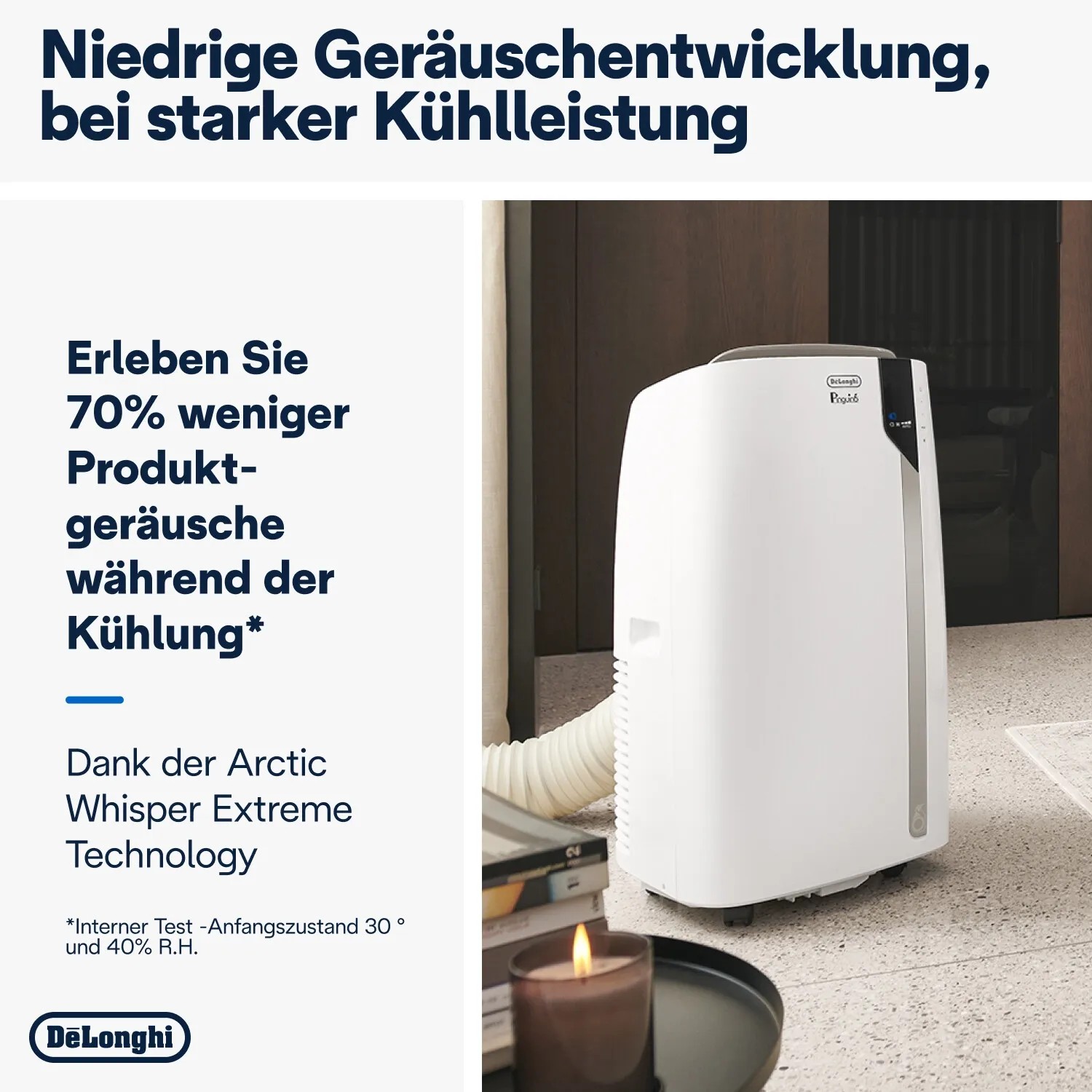 Mobiles DeLonghi Klimagerät Pinguino Extreme PAC EX93 im Wohnraum. Leise Kühlung für ein angenehmes Raumklima.