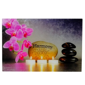 Glasbild Harmony 40x60cm mit Orchidee, Stein, Kerzen und Steinturm als Wanddekoration.