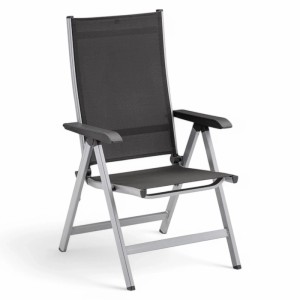 Kettler Basic Plus Klappsessel mit silbernem Aluminiumgestell und anthrazitfarbener Textilbespannung, verstellbare Rückenlehne.