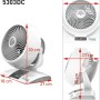 Weißer Vornado 5303DC Tischventilator mit Größenangaben. Ideal zur Kühlung und Luftzirkulation.