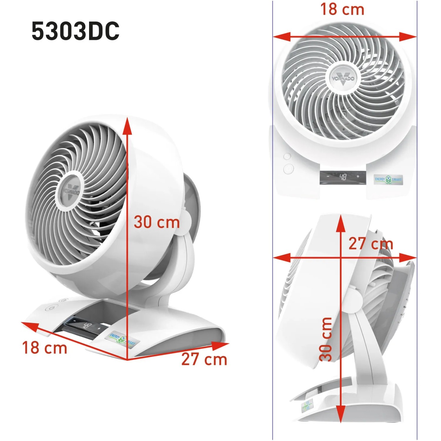 Weißer Vornado 5303DC Tischventilator mit Größenangaben. Ideal zur Kühlung und Luftzirkulation.