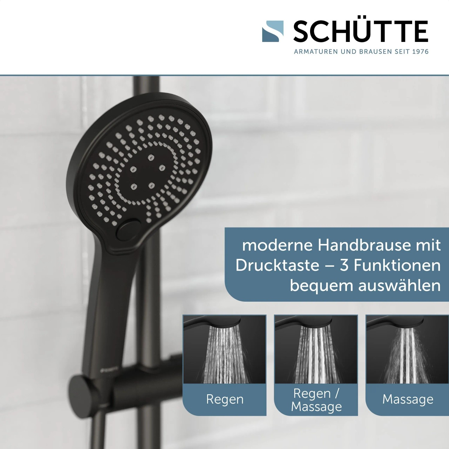 Schütte Adria Brauseset, Handbrause in Schwarz Matt mit 3 Strahlarten.