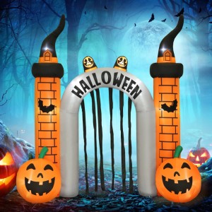 Aufblasbarer Halloween Torbogen mit orangefarbenen Säulen, Hexenhüten, Kürbissen & LED-Beleuchtung für gruselige Deko.