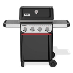 Schwarzer Weber Gasgrill E-410 Spirit mit 4 Brennern und Seitentischen.