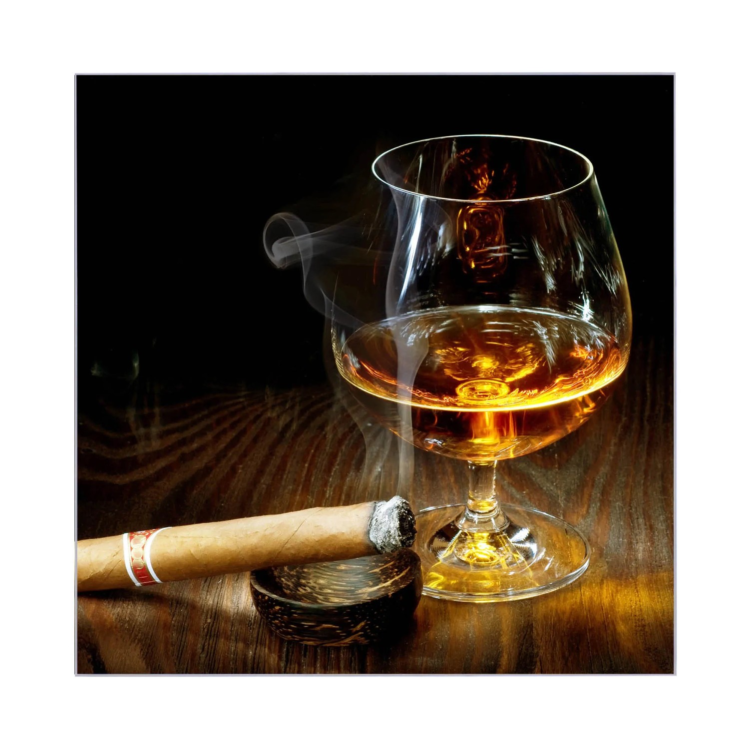 Motiv Whiskey & Zigarre auf Schlüsselkasten Glas 30x30cm. Schwarzer Korpus mit 50 Haken.