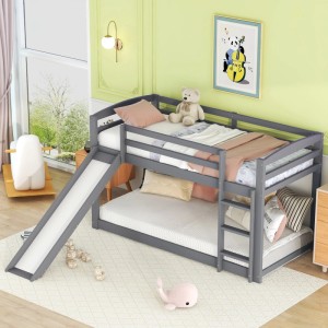 Graues Etagenbett 90x200cm aus Massivholz mit Rutsche und Leiter für Kinder. Ideal als Jugendbett.