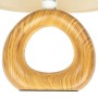 Beige Tischleuchte mit Holzoptik und Keramikfuß, 28 cm hoch.