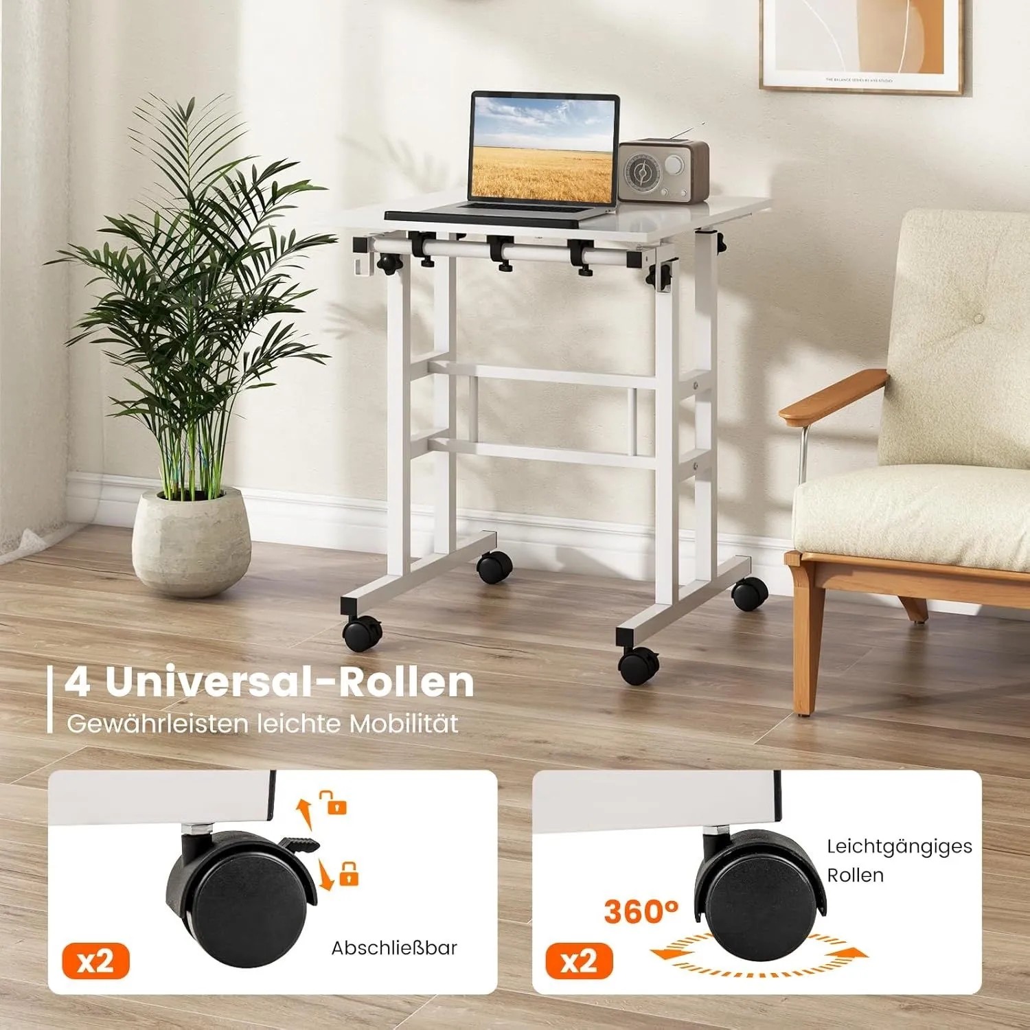 Costway Höhenverstellbar Mobiler Computertisch mit 2 Haken Weiß_5