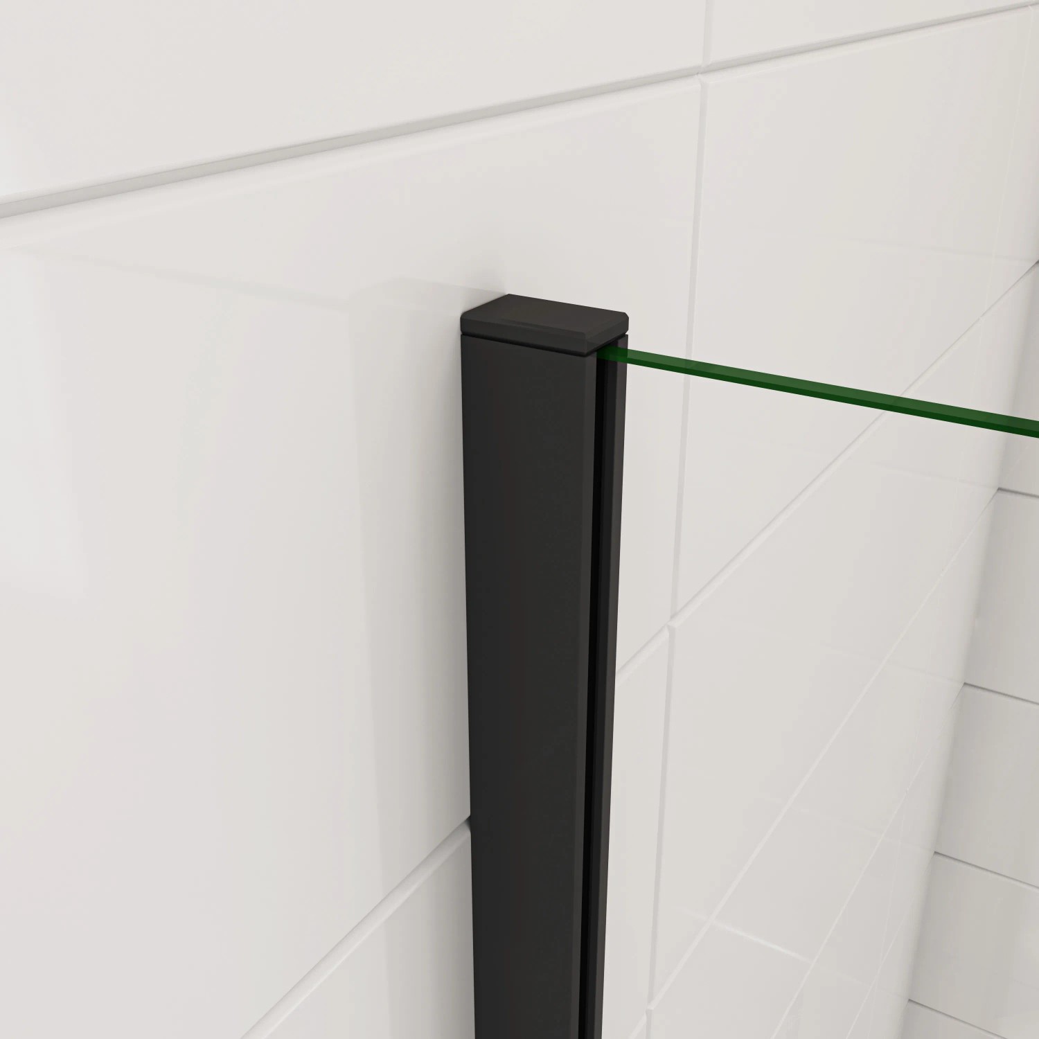 Detailaufnahme: AICA Walk In Duschkabine mit schwarzem Rahmen und Klarglas Duschwand.