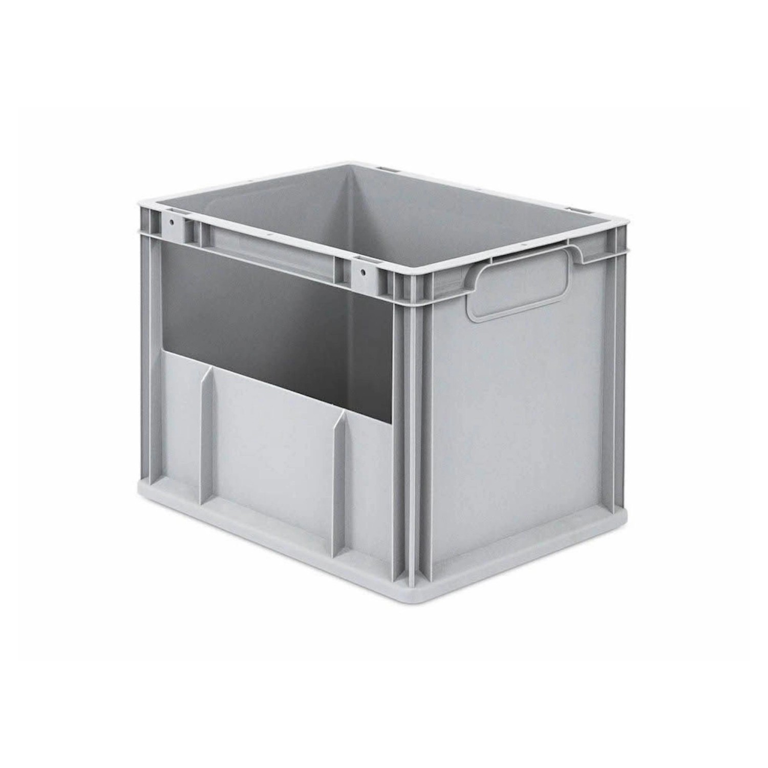 Graue PROREGAL Eurobox NextGen Insight mit seitlicher Öffnung, 30 Liter, für Lagerung und Transport.