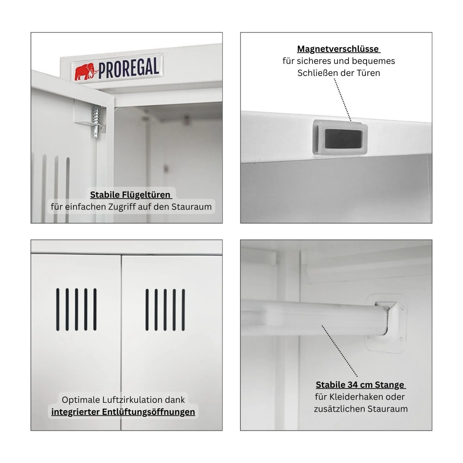 PROREGAL Flügeltürenschrank Rhino Mit 2 Türen Abschließbar HxBxT 170x70x30cm 5 Fächern & Kleiderstange Stahl Pulverbeschichtet Weiß Putzmittelschrank_4