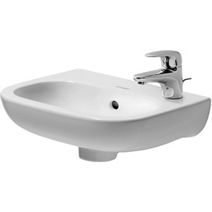 Weißes Duravit D-Code Handwaschbecken, 36 cm, mit Überlauf und Hahnloch rechts.