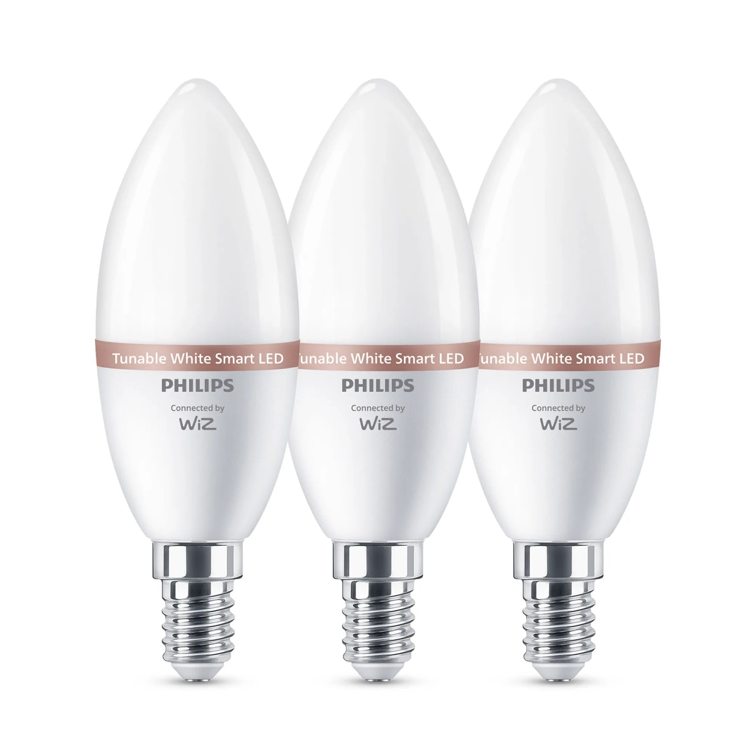 3er Set Philips WIZ E14 LED-Leuchtmittel in Kerzenform, 2700K, 470lm, 5W, smarte Steuerung.