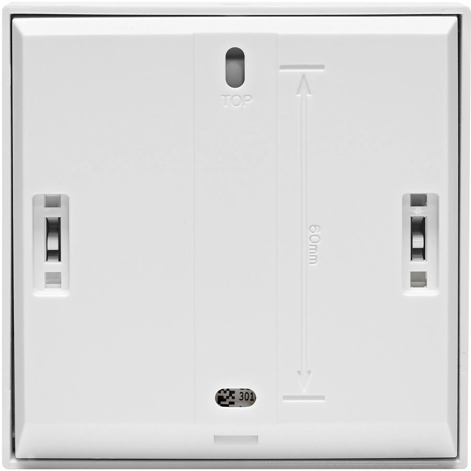 Rückseite des weißen Homematic IP Wandthermostats Basic mit Montagepunkten und 60mm Maßangabe für Hausautomation.