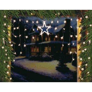 LED Lichtervorhang mit großen und kleinen Sternen, warmweiß leuchtend, als Weihnachtsdeko im Fenster.