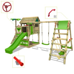 Fatmoose Spielturm TikaTaka mit Rutsche und Schaukel in Apfelgrün für Garten & Outdoor.