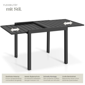 Dunkelgrauer Tectake Aluminium Gartentisch Campos, ausziehbar, mit Lamellenplatte. Wetterfest für 4-6 Personen.