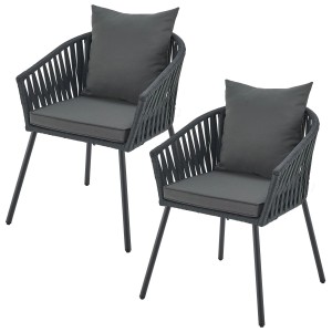 2er Set Juskys Rope Stühle, dunkelgrau, mit Sitz- und Rückenkissen. Gartenstühle mit Seilgeflecht.