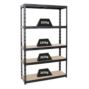 Schwarzes PROREGAL Schwerlastregal Giant Tiger mit 5 Ebenen und hoher Fachlast.