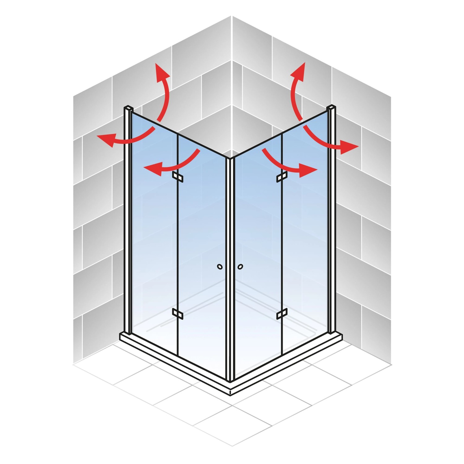 Schulte Drehfalttür Eckeinstieg Garant 2.0, Chromoptik, 90x90cm, mit roten Pfeilen die die Drehfunktion darstellen.