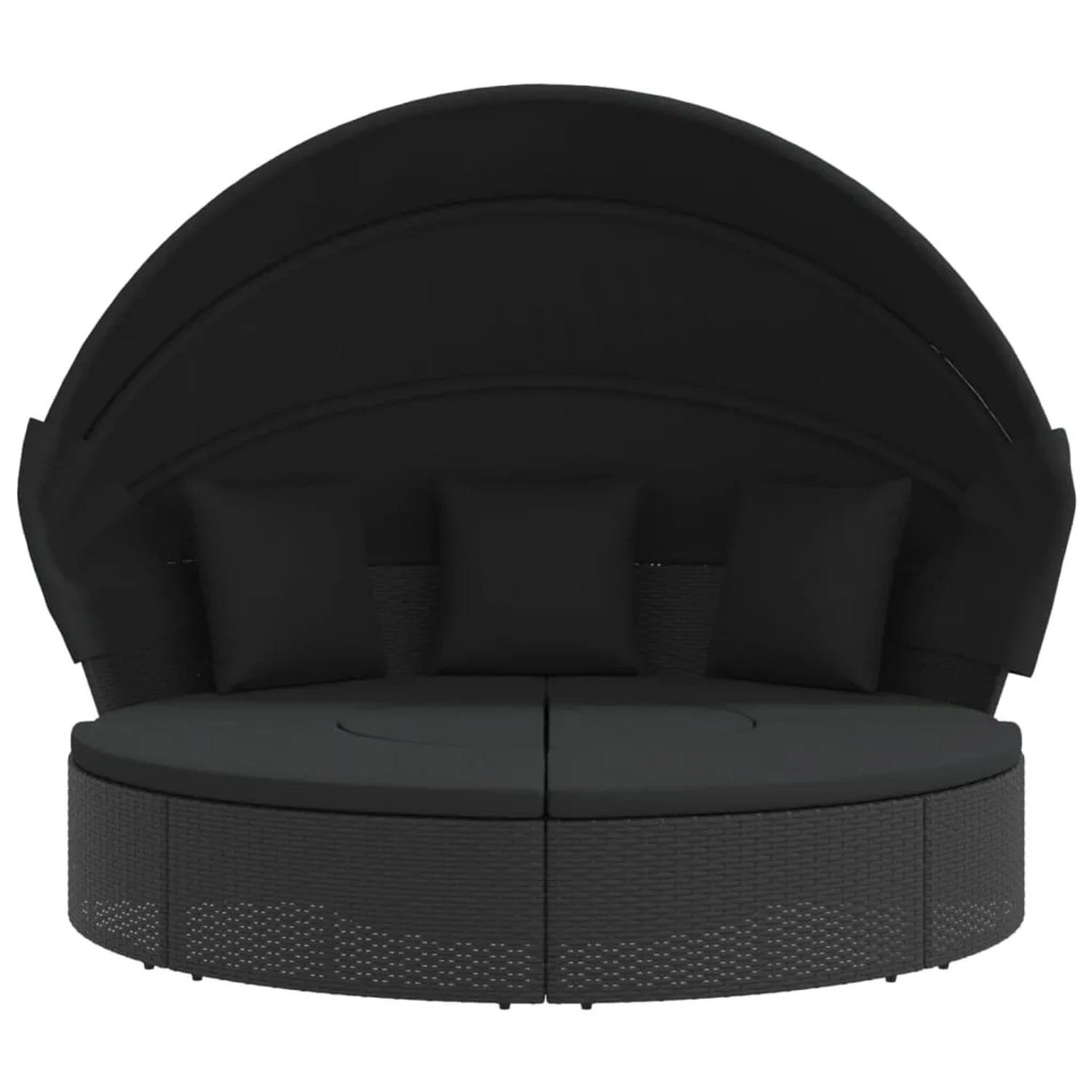 Schwarzes VidaXL Outdoor-Loungebett mit Dach und Kissen aus Polyrattan.