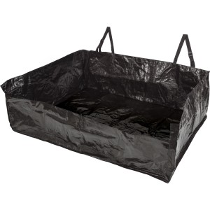 Schwarzer Kofferraumschutz aus Textil mit Gurten zur Befestigung.