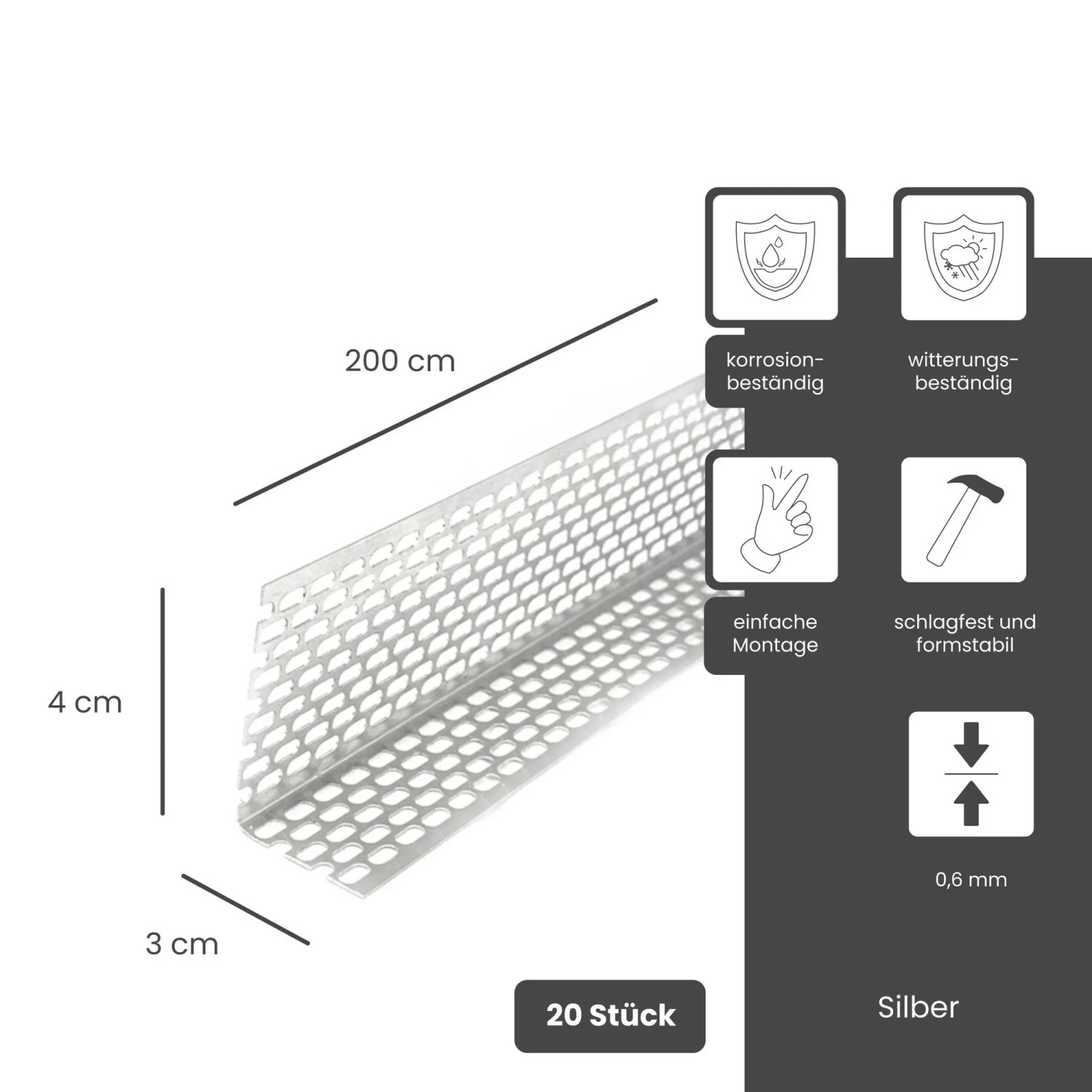 Silberner Aluminium Lüftungswinkel, 200cm lang, gelocht, für Dach & Fassade. 20 Stück. Korrosions- & witterungsbeständig.