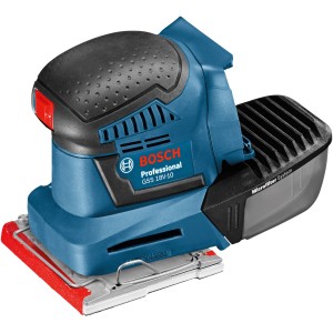 Bosch Professional GSS 18V-10 Akku-Schwingschleifer mit Staubbox und Schleifplatte.