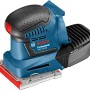 Bosch Professional GSS 18V-10 Akku-Schwingschleifer mit Staubbox und Schleifplatte.