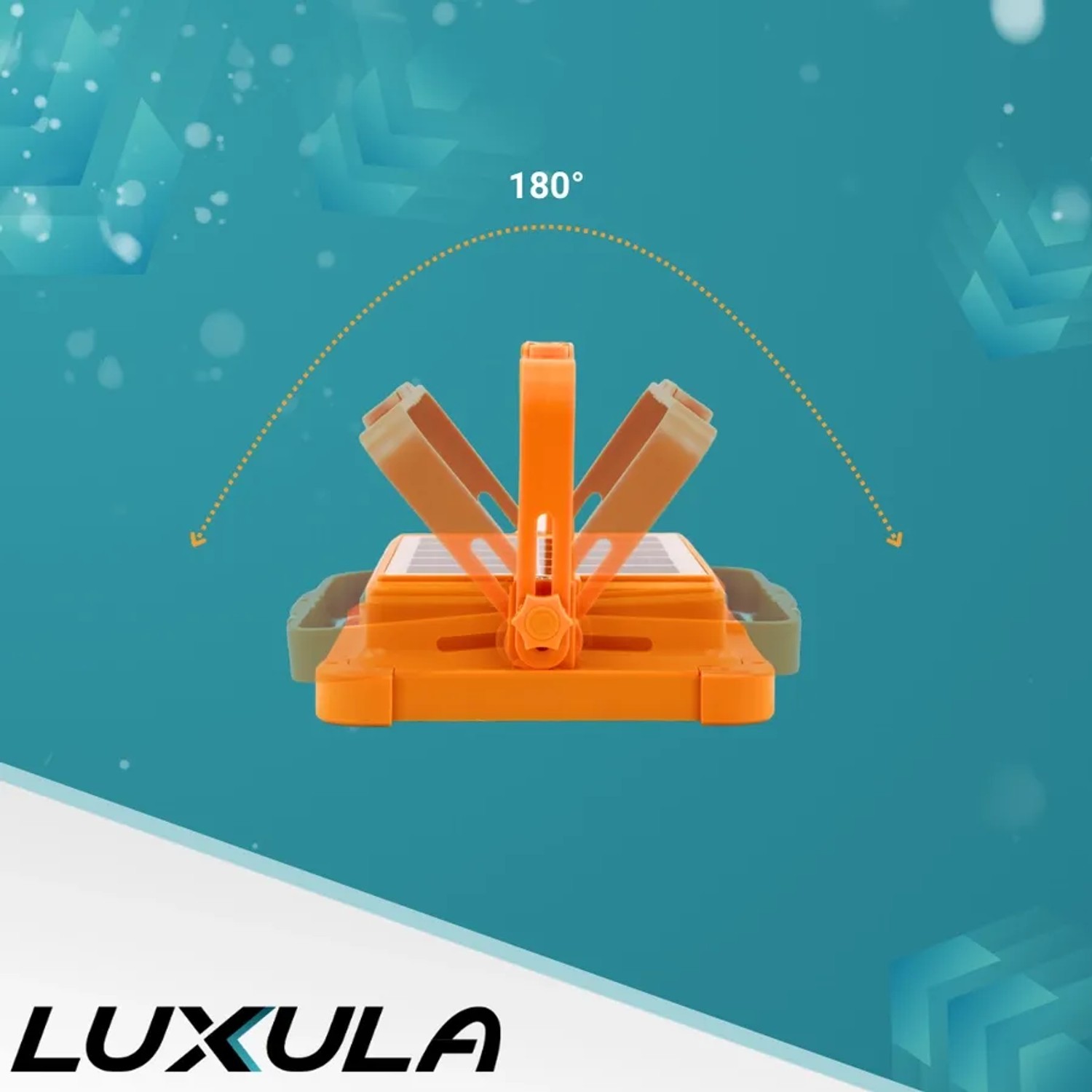 Oranger LUXULA Solar Baustrahler mit verstellbarem Leuchtenkopf und Magnetfuß.