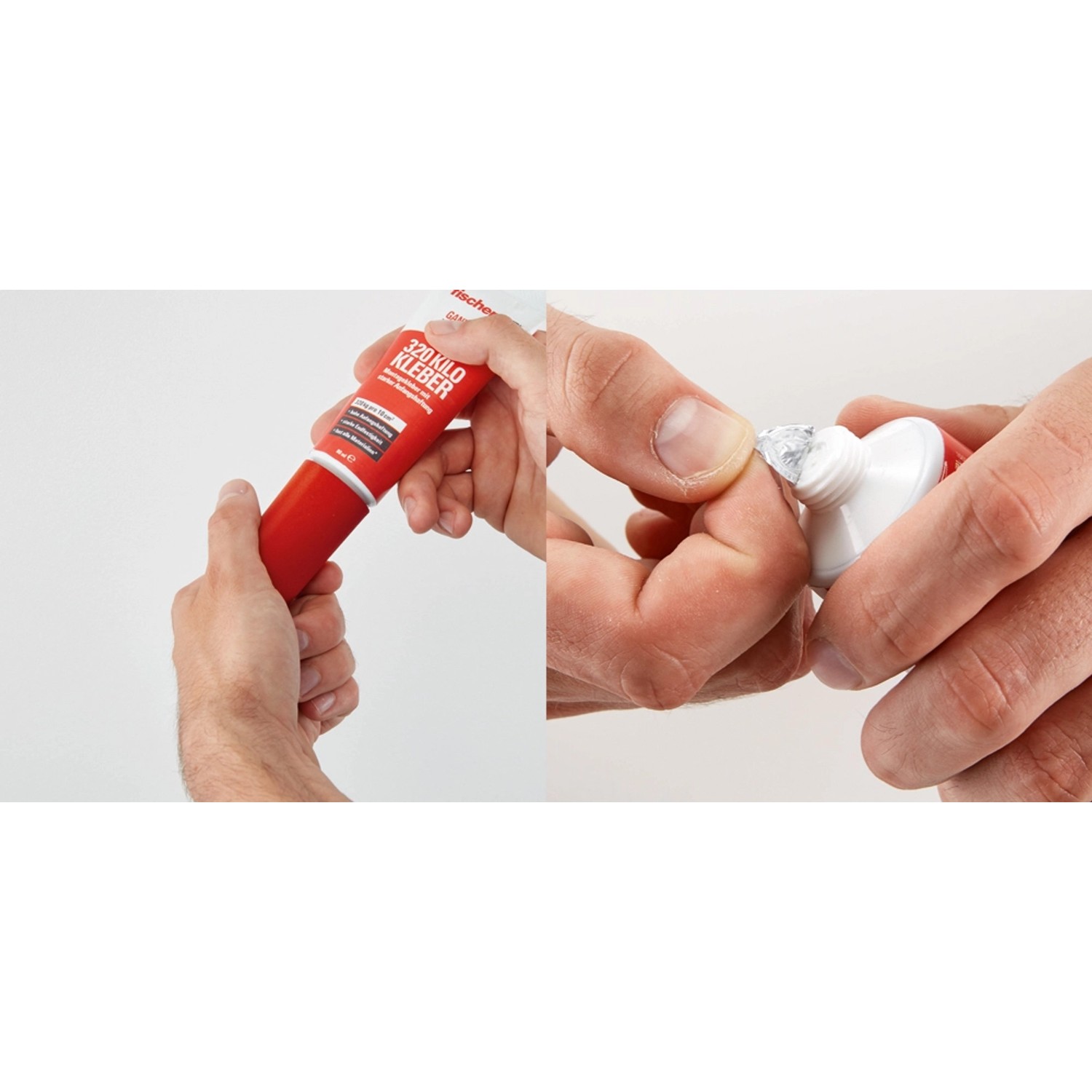 Fischer 320 Kilo Kleber Tube in roter Verpackung, geöffnet in der Hand.