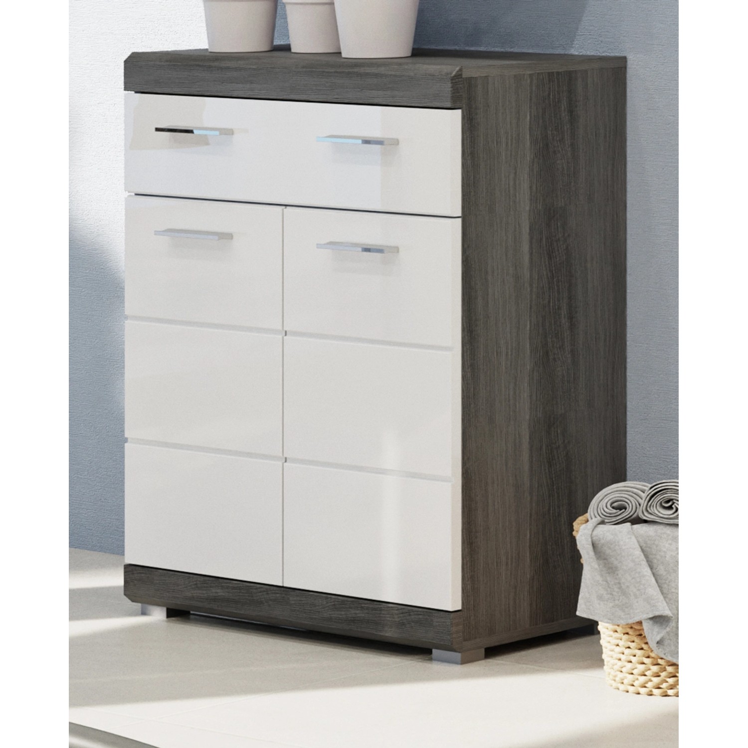 Inn.Furn Kommode Weiß Hochglanz Grau 74 cm mit Schublade Shawn günstig online kaufen