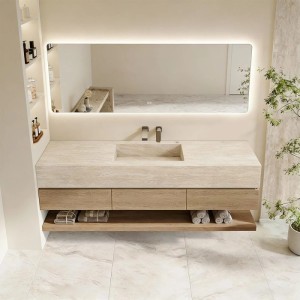 Modernes Badmöbel Set mit Sinterstein Waschtisch in Travertine-Optik, wandhängendem Unterschrank und beleuchtetem Spiegel.