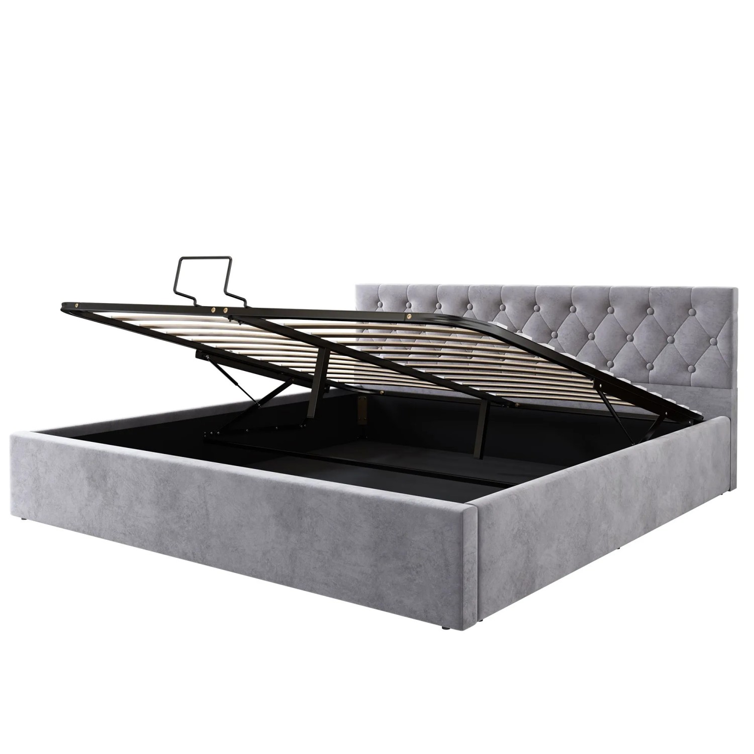 KOMHTOM Polsterbett Hydraulische 180x200Cm Geknöpftes Kopfteil Doppelbett Mit Stauraum Und Lattenrost Samt Grau Ohne Matratze