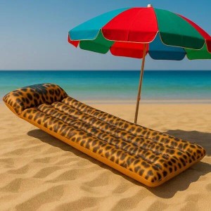 Aufblasbare SunClub Luftmatratze im Leoparden-Design am Strand mit Sonnenschirm.