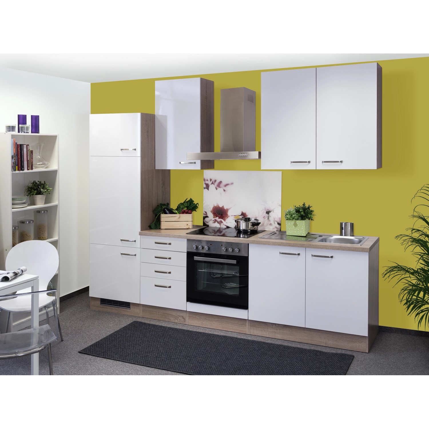 Flex-Well Exclusiv Küchenzeile/Küchenblock Valero 270 cm Hochglanz Weiß-Sonoma Eiche