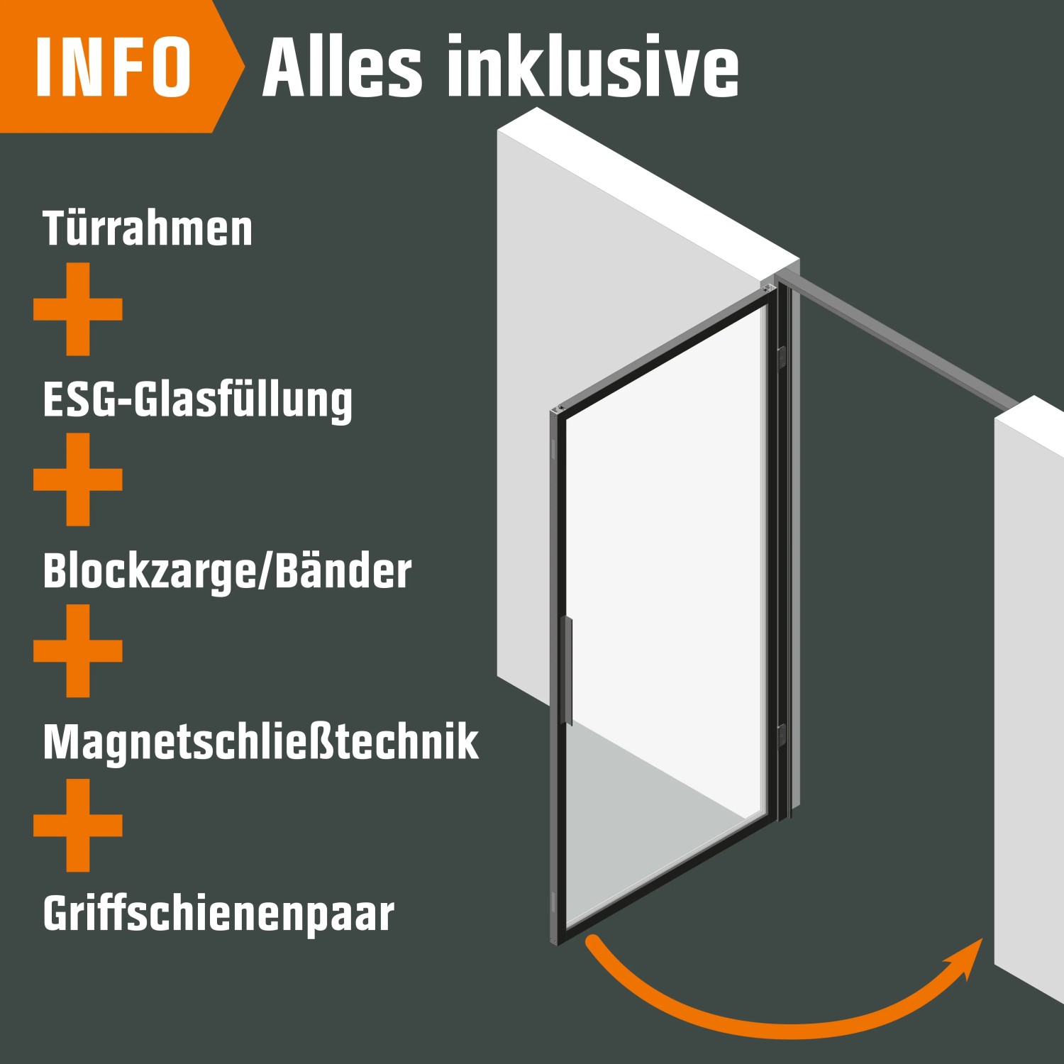 Loft+Mehr Drehtür-Set Klarglas, 100x213cm, DIN links, mit Zarge und Griff. Glastür für den modernen Innenausbau.