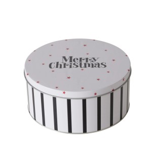 Runde Boltze Vorratsdose Soho in Weiß mit schwarzen Streifen und "Merry Christmas" Schriftzug.
