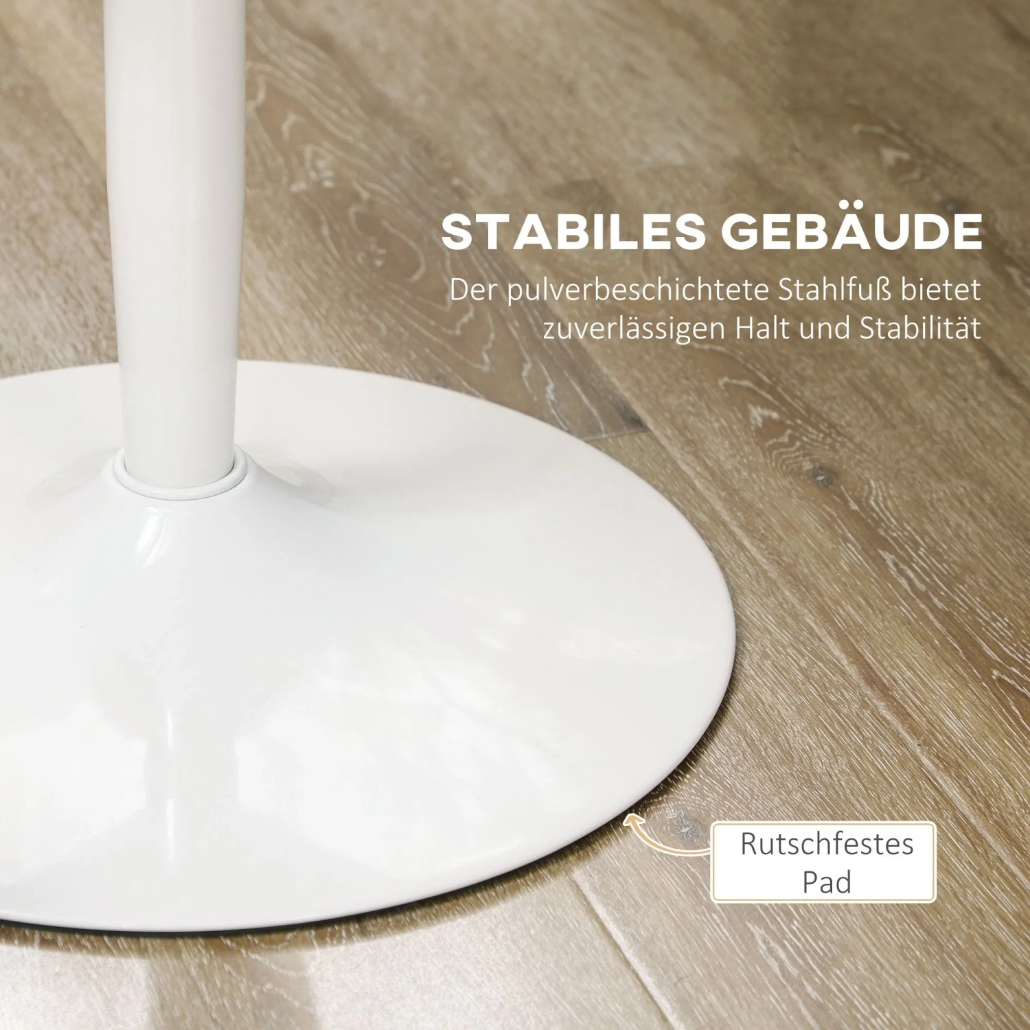 Weißer HOMCOM Esstisch Standfuß aus pulverbeschichtetem Stahl mit rutschfester Matte auf Holzfußboden.