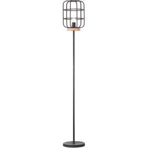 Brilliant Gwen Stehlampe: Schwarze Design-Lampe mit Holzfuß und Käfigschirm für Wohnräume.