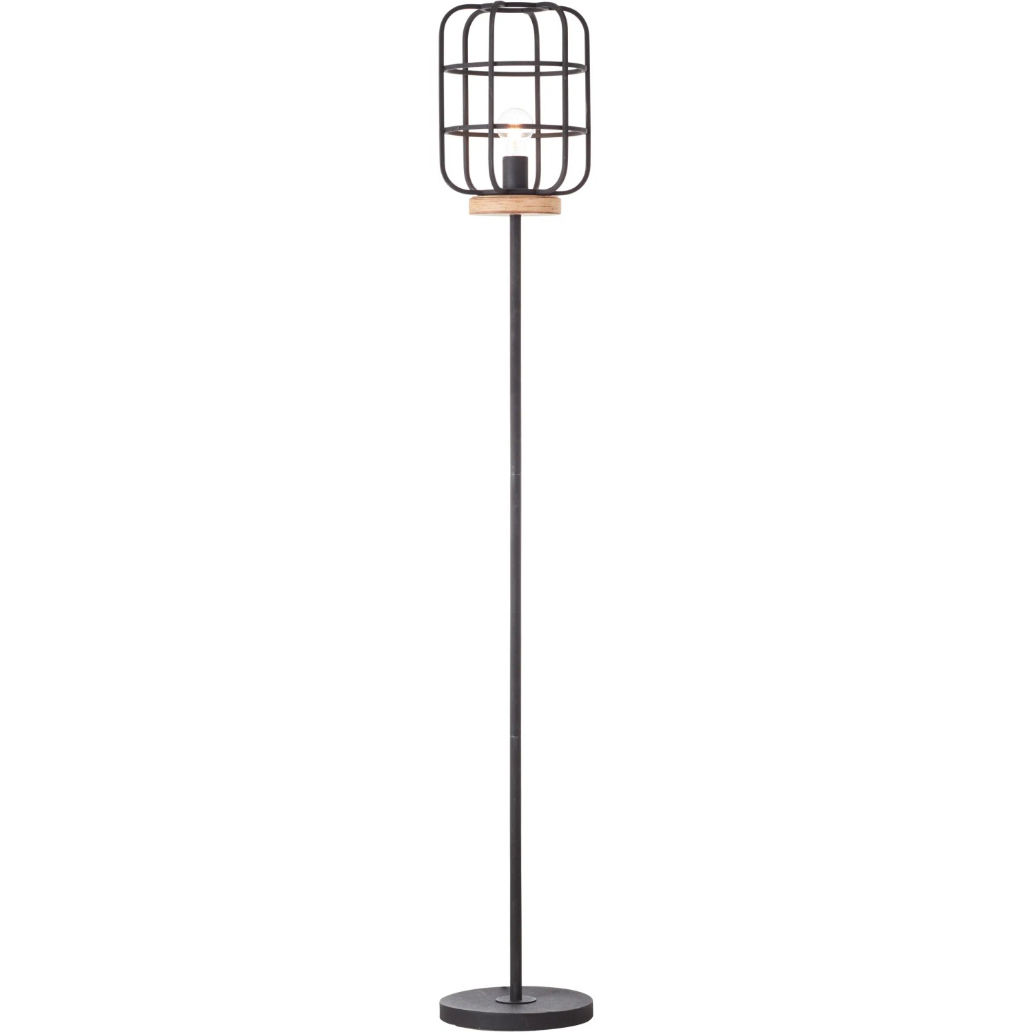 Brilliant Gwen Stehlampe: Schwarze Design-Lampe mit Holzfuß und Käfigschirm für Wohnräume.