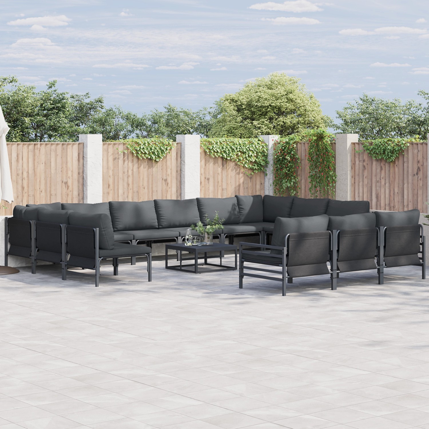 vidaXL Garten-Sofa-Set, 13-teilig, anthrazitfarbenes Stahl-Lounge-Set mit Tisch und Polstern.