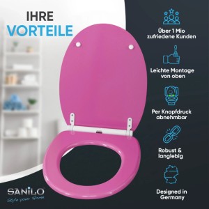 Pinker SANILO WC Sitz mit Absenkautomatik und Glitzer-Effekt. Robuster Toilettensitz mit Top-Fix Montage.
