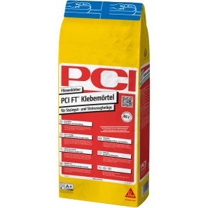 Gelber Sack PCI FT-Klebemörtel Fliesenkleber Grau 5 kg für Fliesenarbeiten.