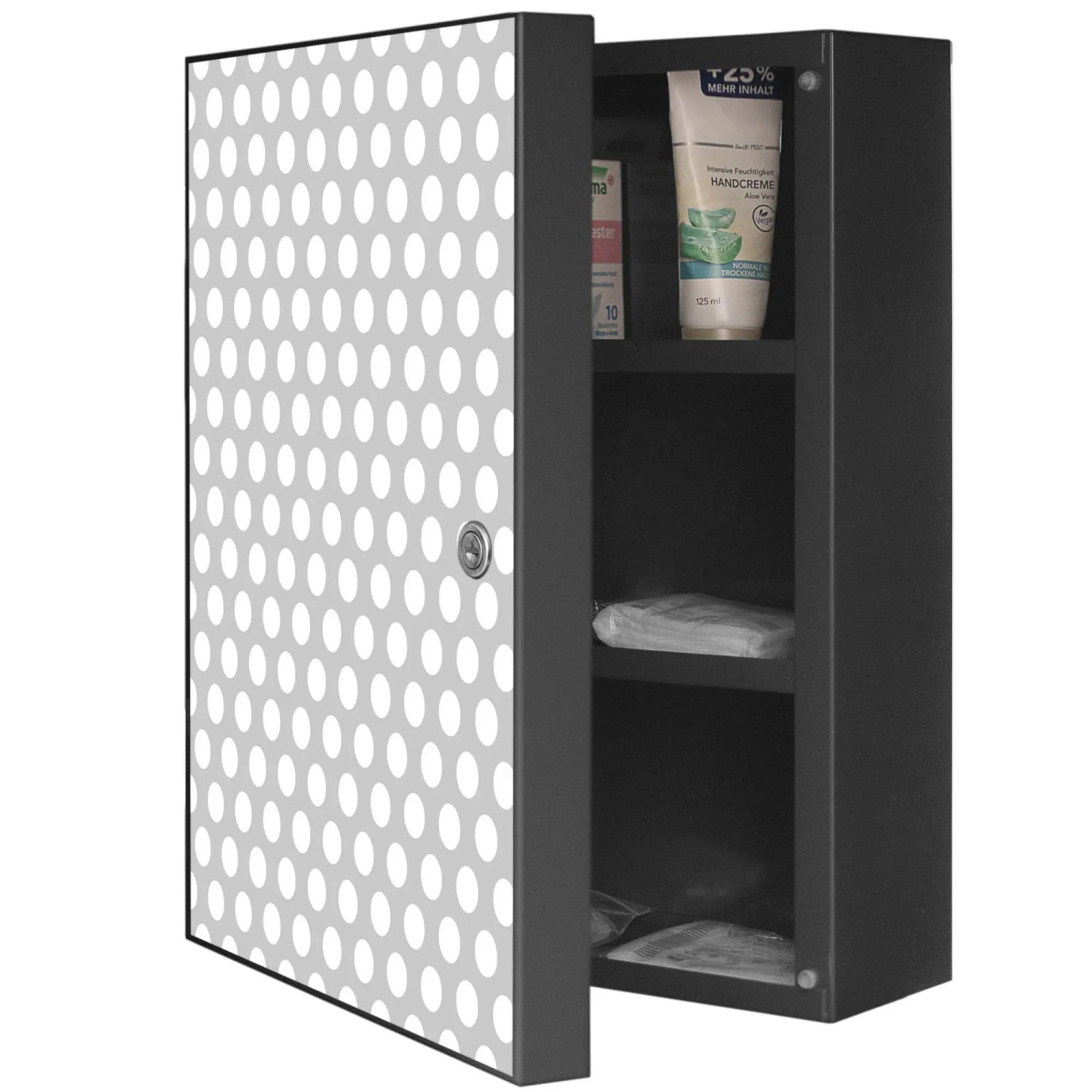 Banjado XXL Medizinschrank, anthrazit mit Punkte-Motiv, abschließbarer Arzneischrank.
