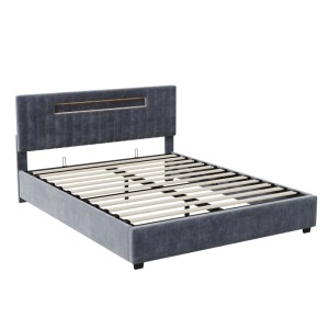PXloue Hydraulisch Stauraumbett mit LED-Bett 160x200cm in Grau Samt