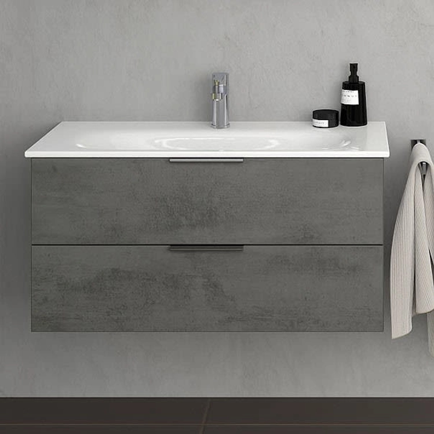 Steinkamp Waschtischunterschrank Living 2.0 mit GROHE Waschbecken, oxid dunkelgrau, 100 cm breit.