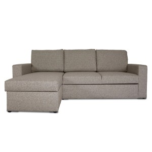 Ecksofa Odin in Sandgrau mit Schlaffunktion und Stauraum, wahlweise rechts oder links gewendet.